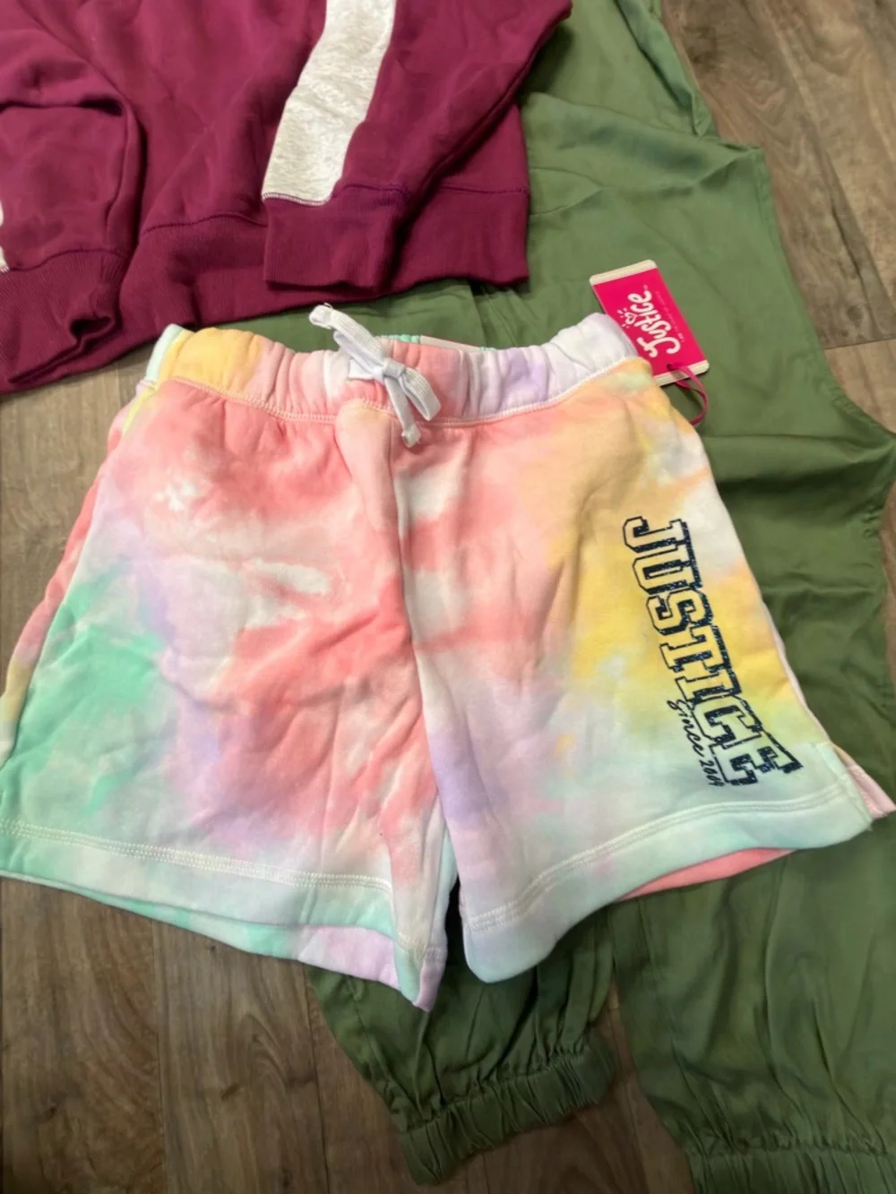 Justice Girls Olive‎ Utility Jumpsuit + Berry Hoodie and Pastel Tie-Dye Shorts
